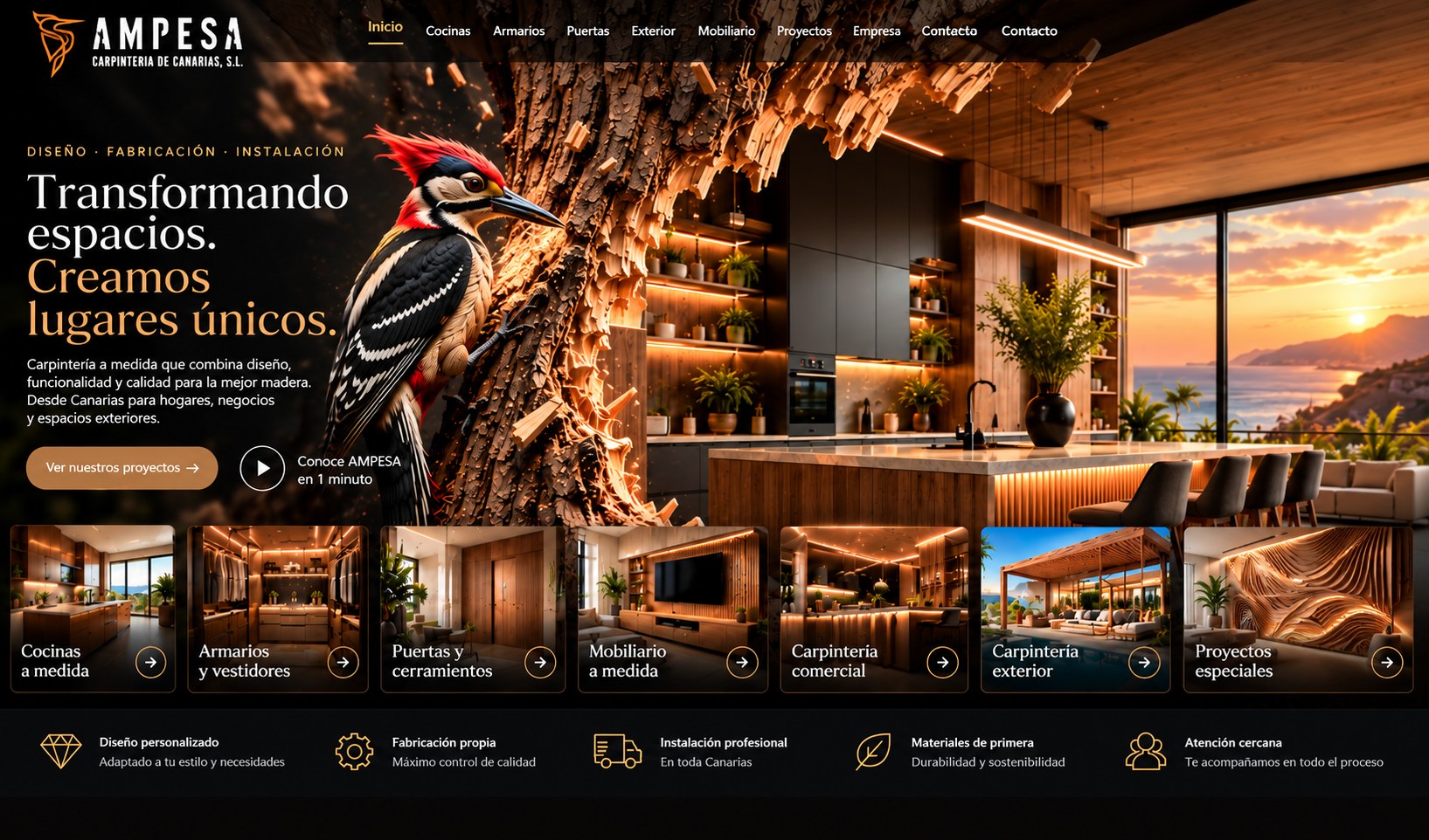 AMPESA. Cocina al atardecer, pájaro carpintero y tronco de madera. Transformando espacios. Creamos lugares únicos. Diseño, fabricación e instalación de carpintería a medida desde Canarias.